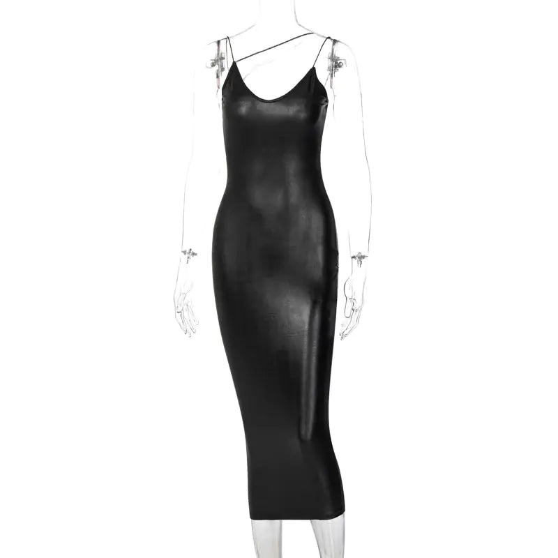 PU Leather V-Neck Bodycon Midi Dress with Slit