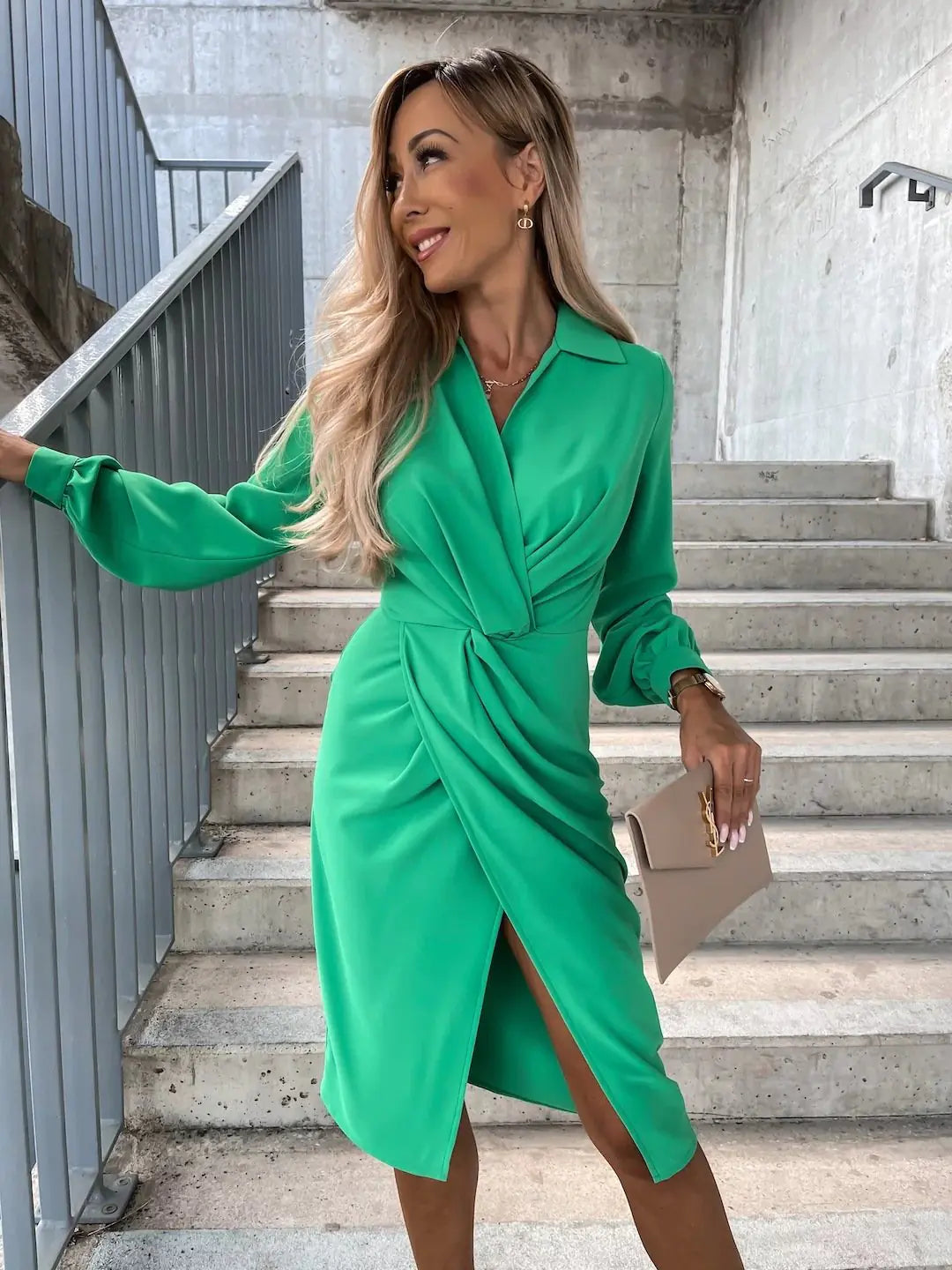 Solid Color Long Sleeve V-neck Slit Hem Dress