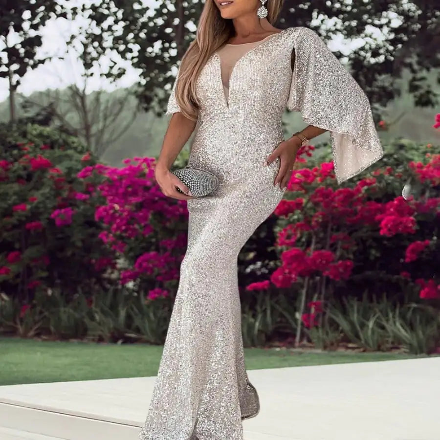 Silver Sequin Fishtail Formal Dress for Women