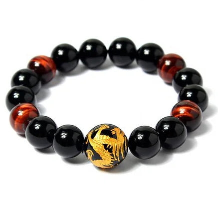 Natural Tiger Eye and Black Agate Beaded Bracelet