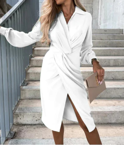 Solid Color Long Sleeve V-neck Slit Hem Dress