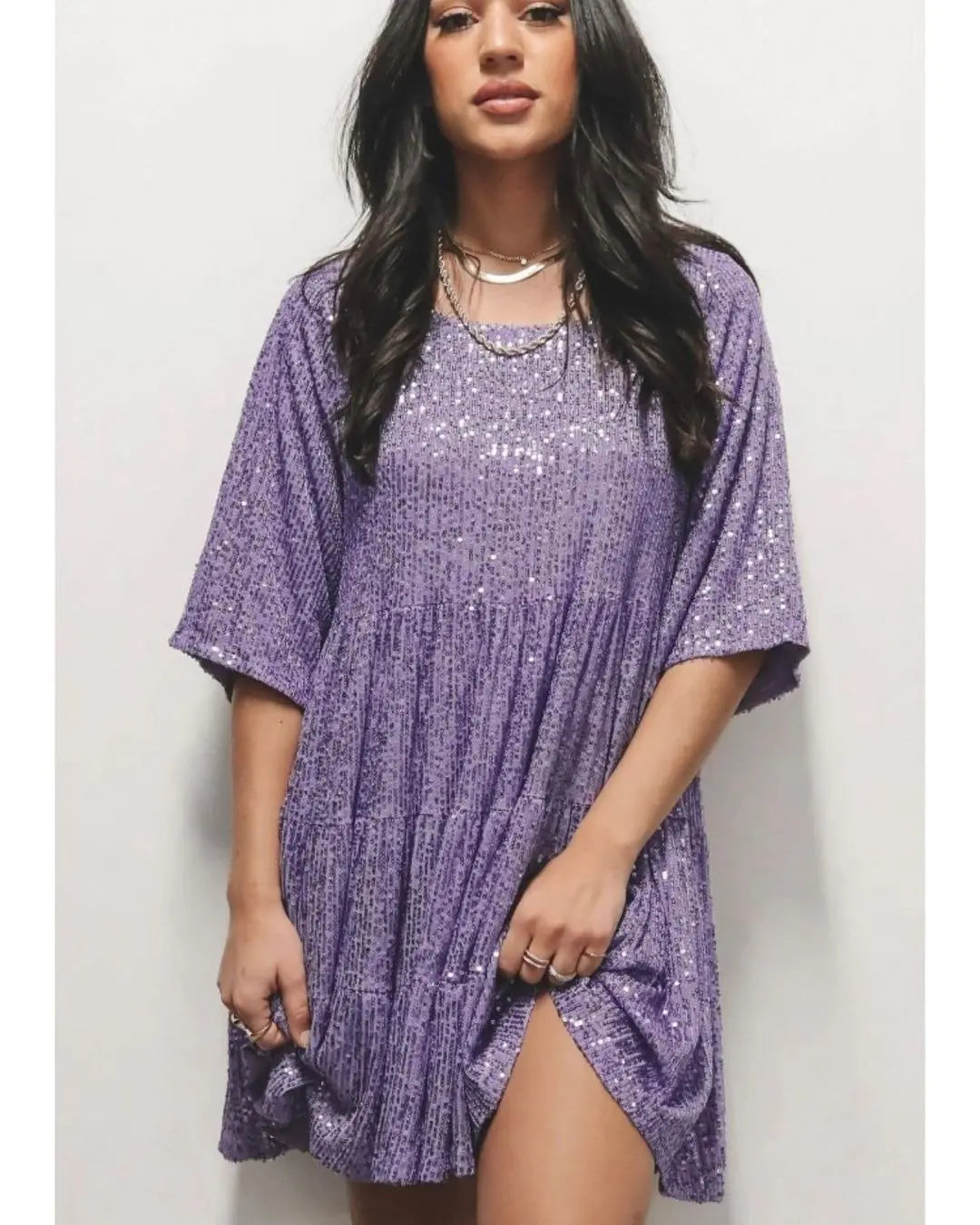 Women's Sequined Round Neck Loose Fit Short Sleeve Dress