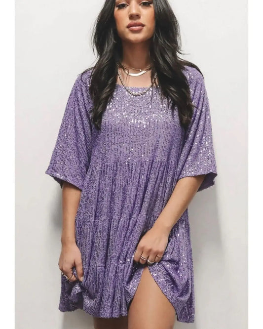 Women's Sequined Round Neck Loose Fit Short Sleeve Dress