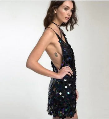 Sequin Deep V Backless Bodycon Dress for Nightclubs