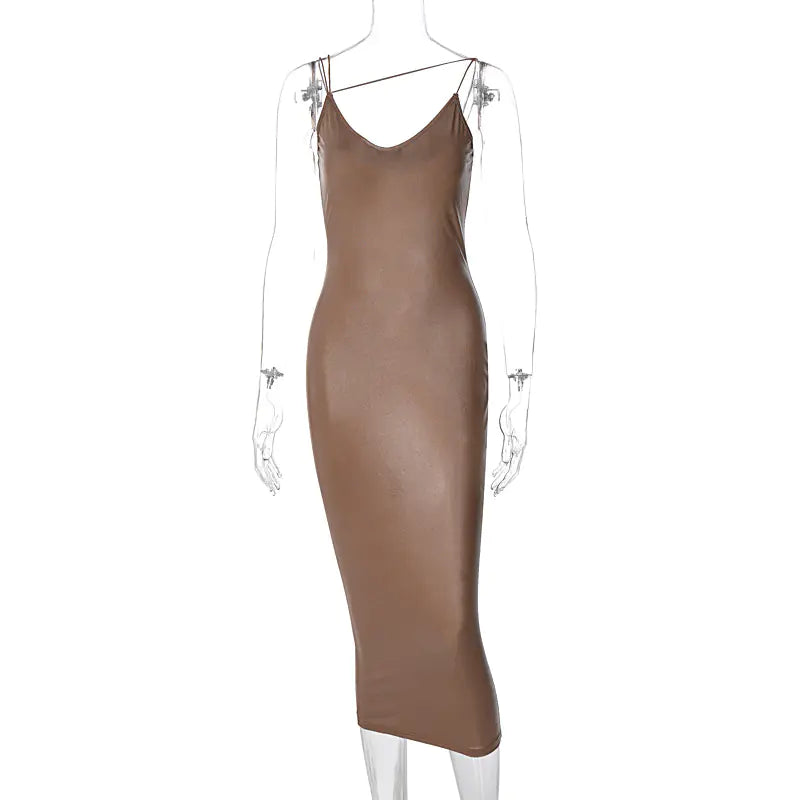 PU Leather V-Neck Bodycon Midi Dress with Slit