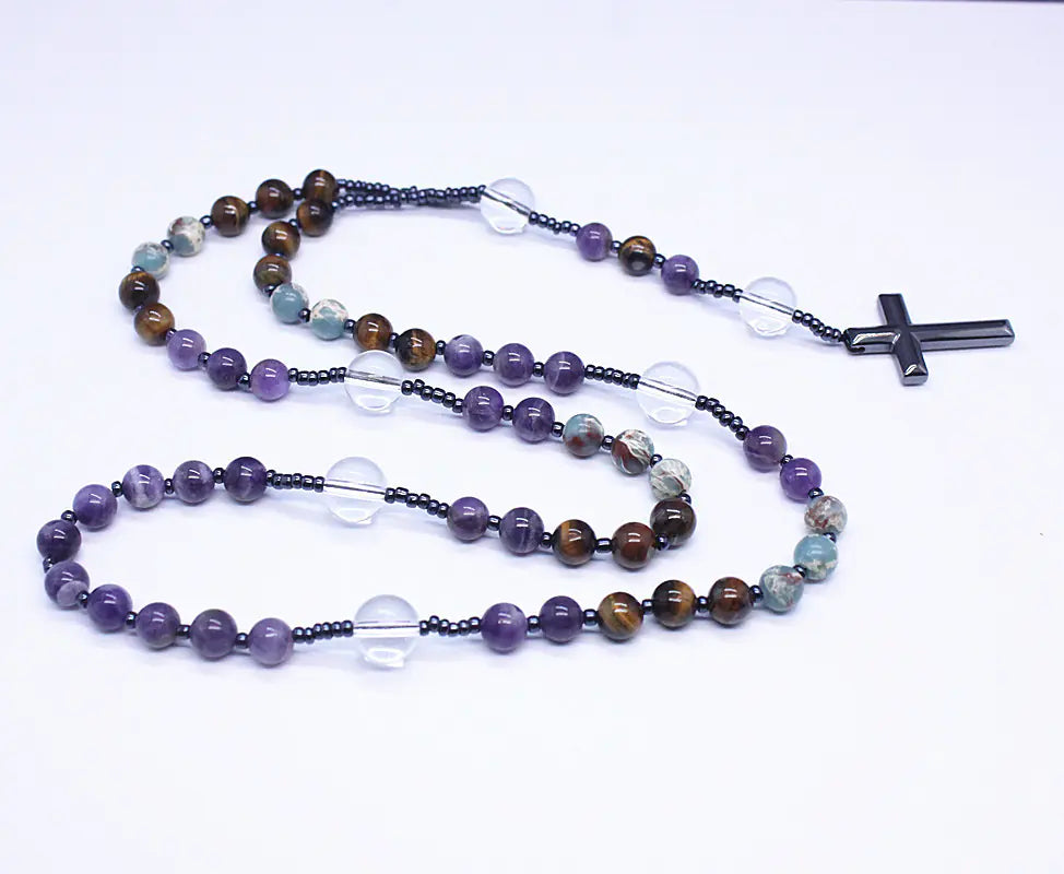 Rosary Necklace with Amethyst and Tiger Eye Stones