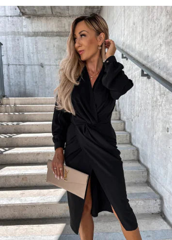Solid Color Long Sleeve V-neck Slit Hem Dress