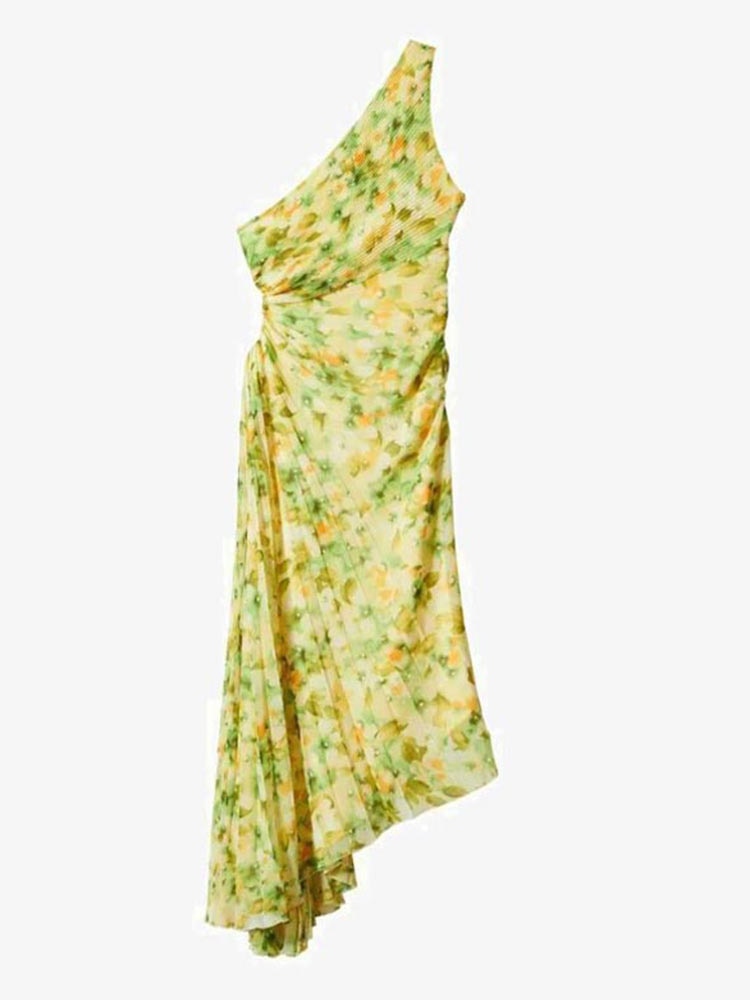 One Shoulder Pleated Long Dress