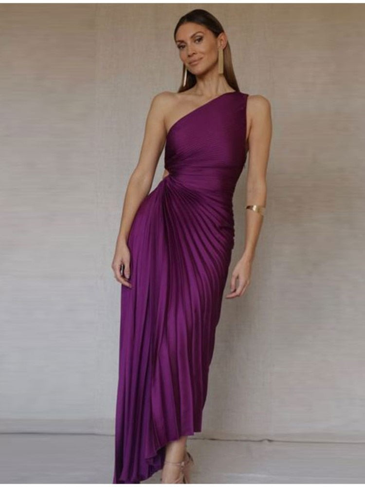 One Shoulder Pleated Long Dress
